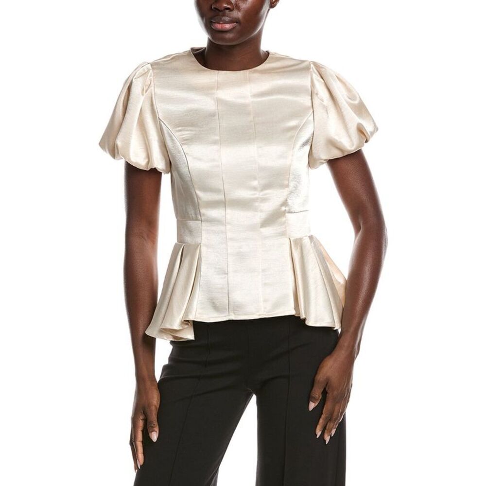 Gracia Womens  Puffed Sleeve Ruffle Bottom Top, White